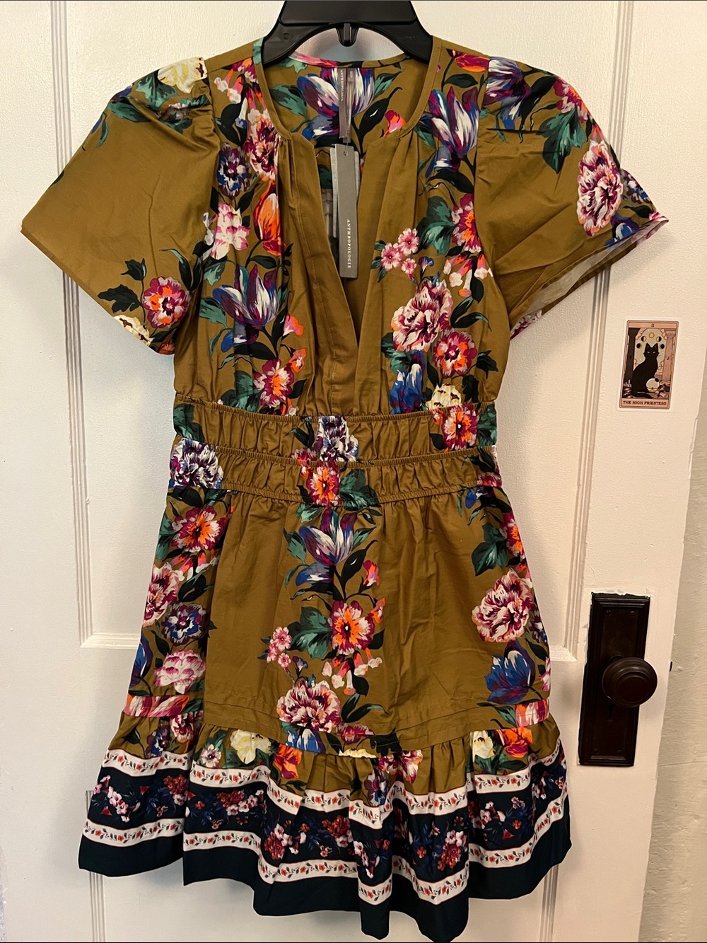 Anthropologie Olive Floral Elastic-Waist Short Sleeve Dress